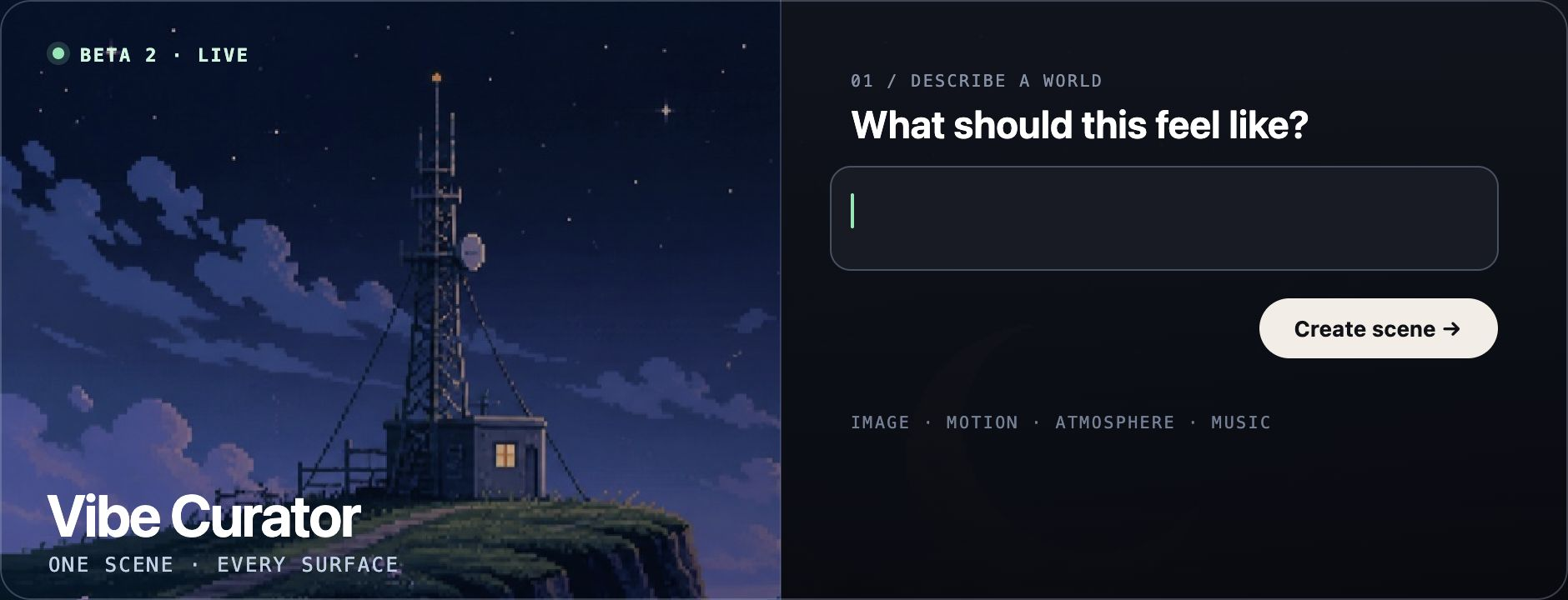 Vibe Curator promotional preview showing a visual scene and creation prompt